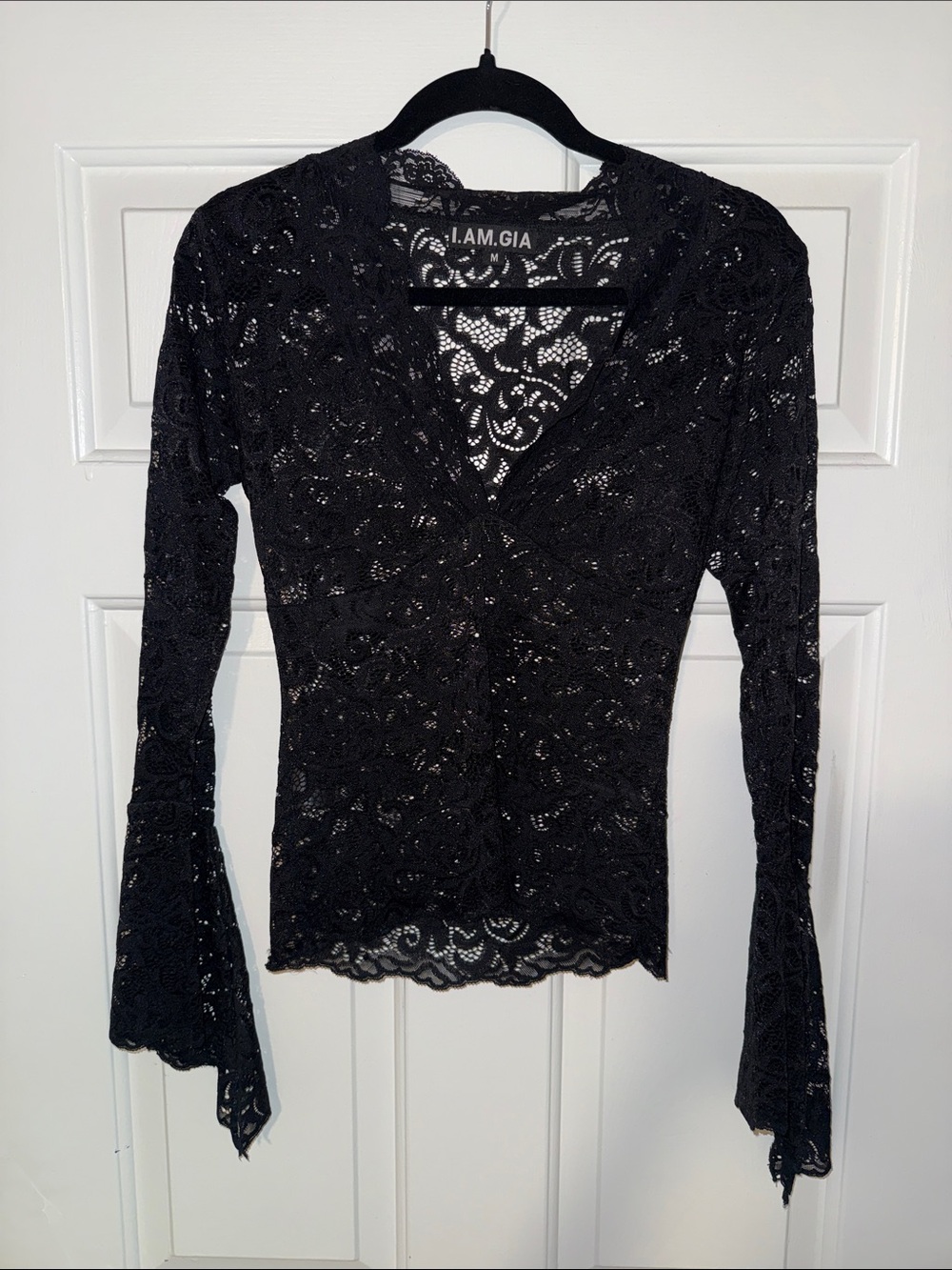 I.AM.GIA Black Sheer Lace V-Neck Long Sleeve Top